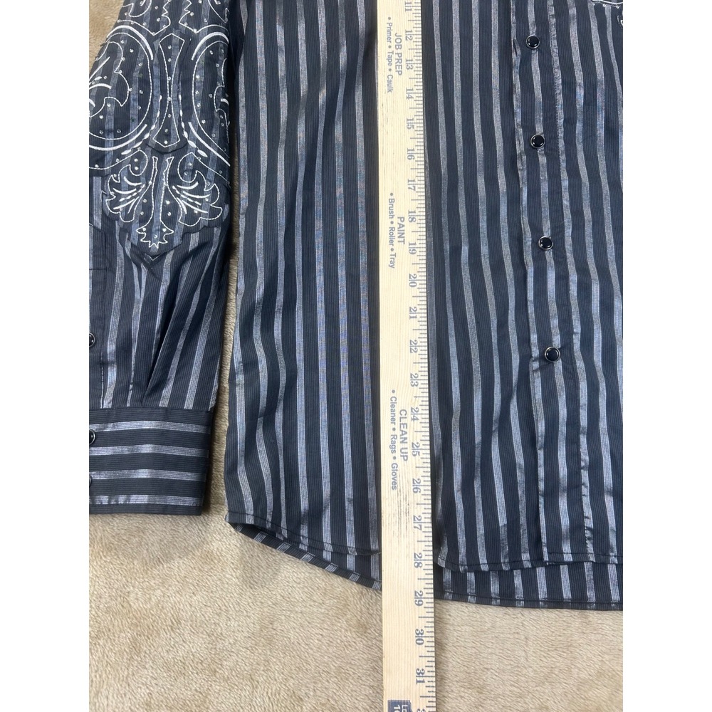 Lamasini Mens M Black Silver Striped Embroidered Rhinestone Snap Button‎ Western - Picture 2 of 7